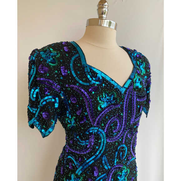 Vintage Retro 1980's Lawrence Kazar Fully Sequinned Evening Dress size Large - Picture 2 of 14